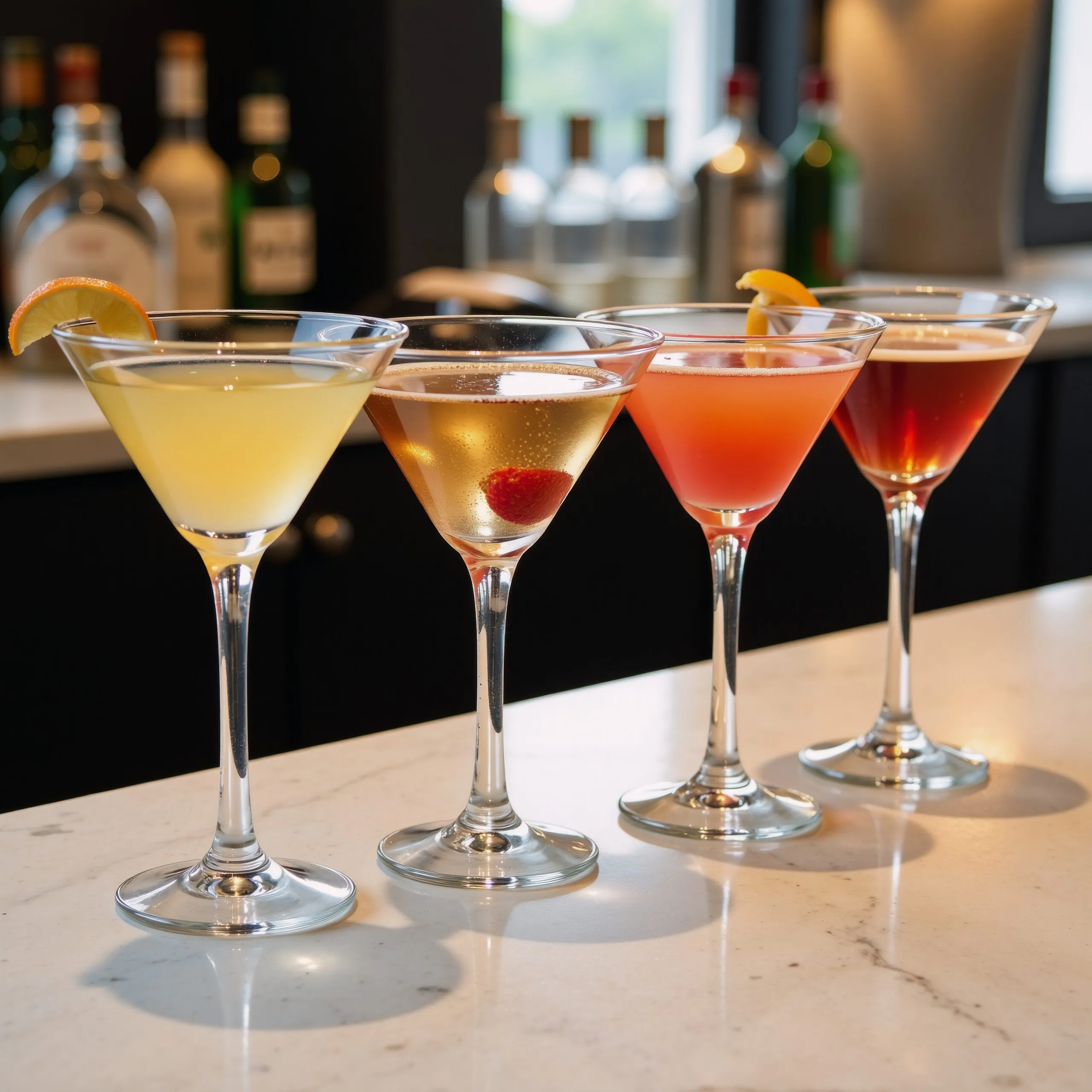 A vibrant watercolor scene featuring various types of martinis at an upscale bar including classics like Dirty and Espresso Martinis alongside the Pornstar Martini